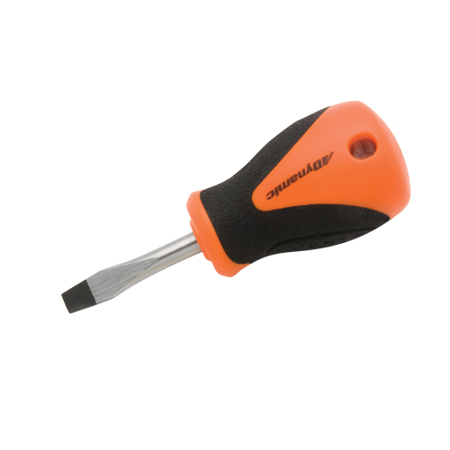 Stubby Slotted Screwdriver, 1/4" Tip, Round, 3-3/4" L, Cushion Grip Handle Duraquip Inc