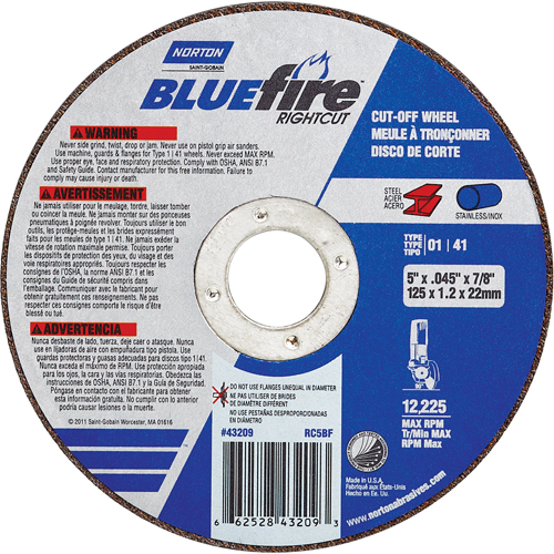 BlueFire&reg; Cut-off Wheel, 4-1/2" x 0.045"/1/16", 7/8" Arbor, Type 01/41, Aluminum Oxide/Zirconium, 13580 RPM Duraquip Inc