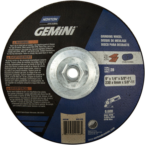Gemini&reg; Saucer Wheel, 9" x 1/4", 5/8"-11 Arbor, Aluminum Oxide, Type 28 Duraquip Inc
