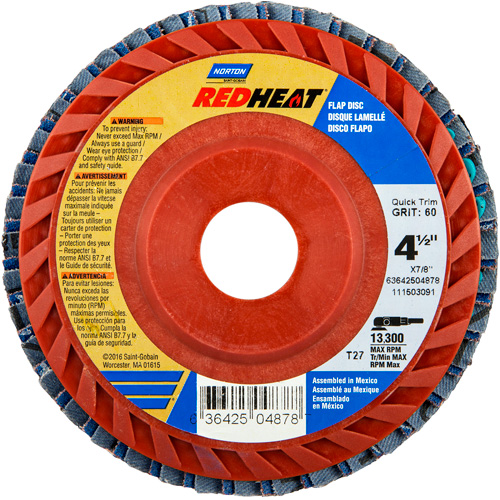 Red Heat&reg; Plastic Flat Flap Discs, 4-1/2" x 7/8", Type 27, 40 Grit, Ceramic Alumina Duraquip Inc