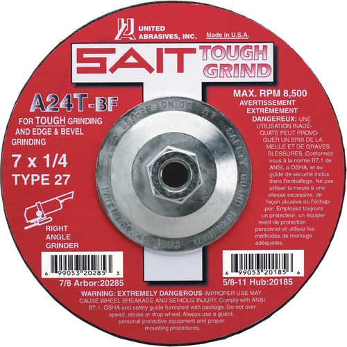 A24T Tough Grind Grinding Wheel, 4-1/2" x 1/4", 7/8" Arbor, Aluminum Oxide, Type 27 Duraquip Inc