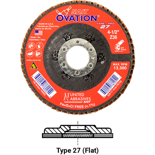 Ovation Flap Disc, 5" x 5/8"-11, Type 27, 36 Grit, Zirconium Duraquip Inc