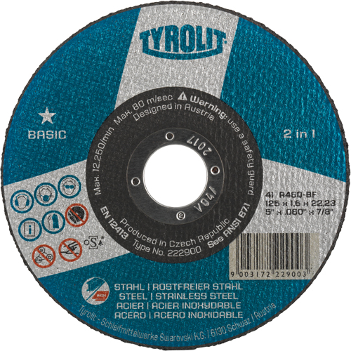Basic 2 In 1 Cut-Off Wheel, 4-1/2" x 1/16", 7/8" Arbor, Type 1, Aluminum Oxide, 13300 RPM Duraquip Inc