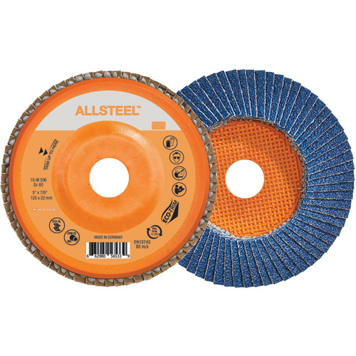 AllSteel Flap Disc, 5" x 7/8", Type 27, 60 Grit, Zirconia Alumina Duraquip Inc