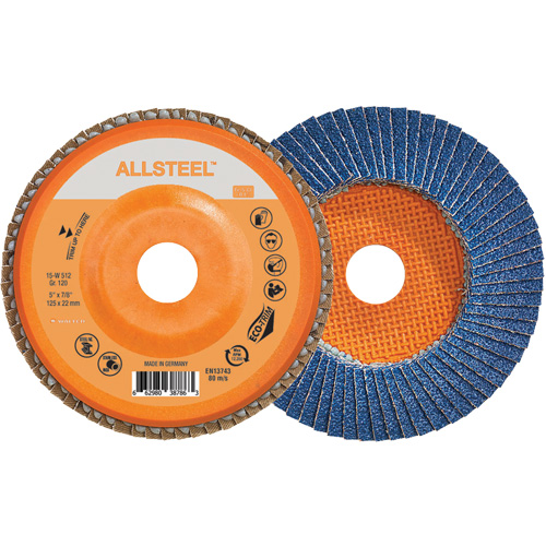 AllSteel Flap Disc, 5" x 7/8", Type 27, 120 Grit, Zirconia Alumina Duraquip Inc