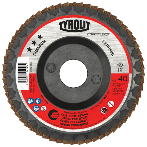 Disque &agrave; lamelles Cerabond, 5" x 7/8", Type 27, Grain 40, C&eacute;ramique Duraquip Inc