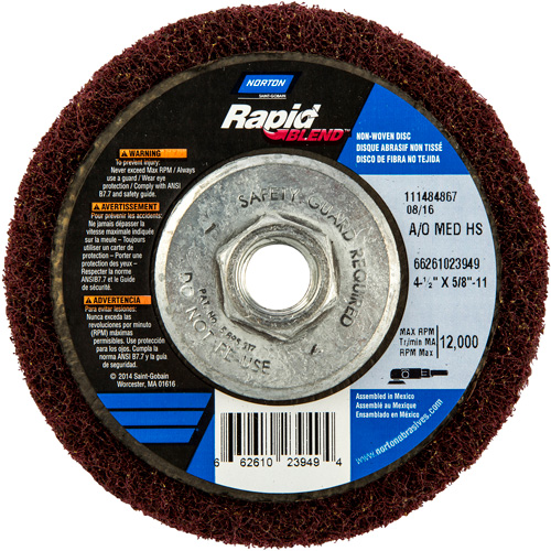 Meule abrasive non tiss&eacute;e &agrave; moyeu d&eacute;port&eacute; Rapid Blend, 4-1/2" dia., Grain 150-180, Oxyde d'aluminium Duraquip Inc