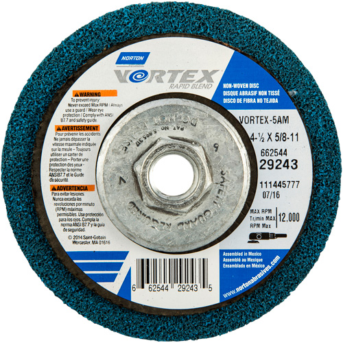 Meule abrasive non tiss&eacute;e &agrave; moyeu d&eacute;port&eacute; Vortez Rapid Blend, 4-1/2" dia., Grain 100-120, Oxyde d'aluminium Duraquip Inc