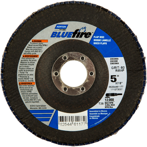 BlueFire Flap Disc, 5" x 7/8", Type 29, 36 Grit, Zirconia Alumina Duraquip Inc