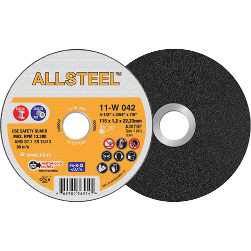 AllSteel Cut-Off Wheel, 4-1/2" x 3/64", 7/8" Arbor, Type 1, Aluminum Oxide, 13300 RPM Duraquip Inc