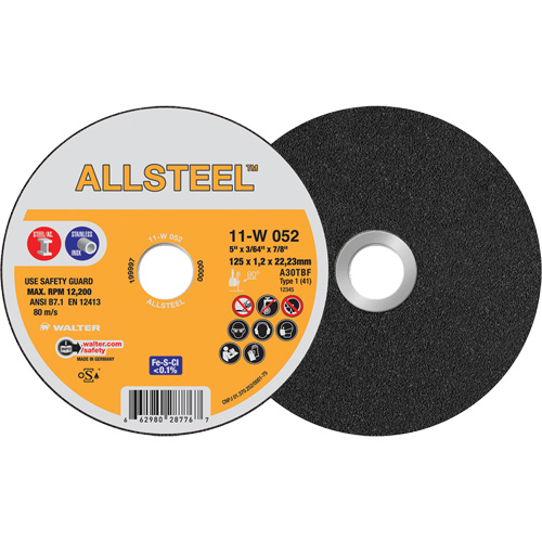 AllSteel Cut-Off Wheel, 5" x 3/64", 7/8" Arbor, Type 1, Aluminum Oxide, 12250 RPM Duraquip Inc