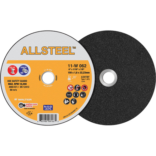 AllSteel Cut-Off Wheel, 6" x 1/16", 7/8" Arbor, Type 1, Aluminum Oxide, 10200 RPM Duraquip Inc