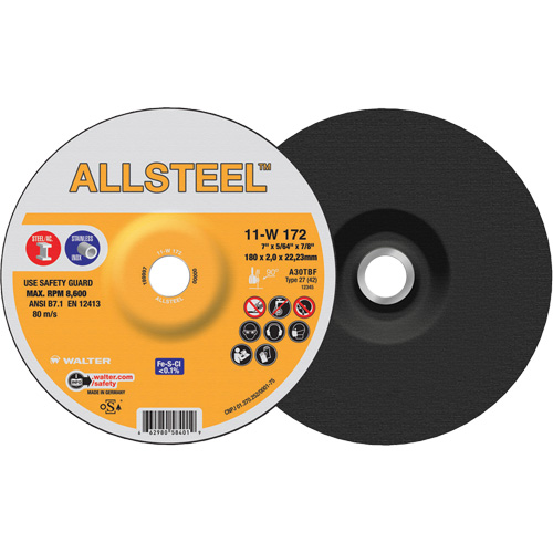 Meule &agrave; tronçonner AllSteel, 7" x 5/64", Arbre de 7/8", Type 27, Oxyde d'aluminium, 8500 Tr/min Duraquip Inc