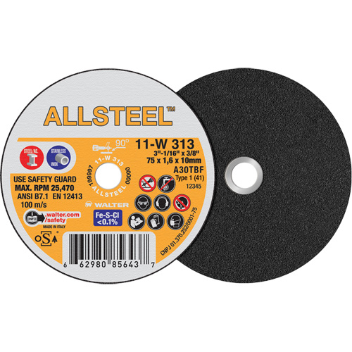 AllSteel Mini Cut-Off Wheel, 3" x 1/16", 3/8" Arbor, Type 1, Aluminum Oxide, 25470 RPM Duraquip Inc