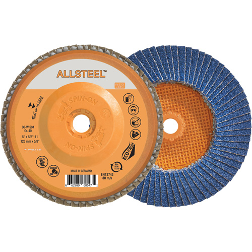 Disque &agrave; lamelles AllSteel, 5" x 5/8"-11, Type 27, Grain 40, Alumine de zirconium Duraquip Inc