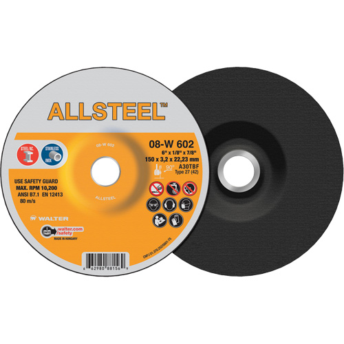 AllSteel Grinding Wheel, 6" x 1/8", 7/8" Arbor, Aluminum Oxide, Type 27 Duraquip Inc