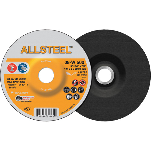 AllSteel Grinding Wheel, 5" x 1/4", 7/8" Arbor, Aluminum Oxide, Type 27 Duraquip Inc
