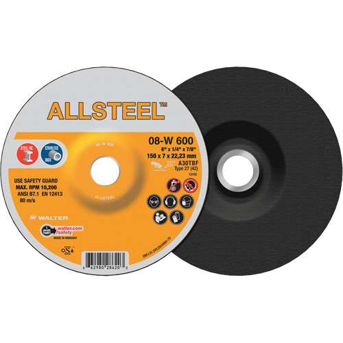 AllSteel Grinding Wheel, 6" x 1/4", 7/8" Arbor, Aluminum Oxide, Type 27 Duraquip Inc