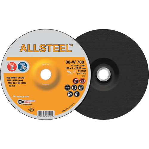 AllSteel Grinding Wheel, 7" x 1/4", 7/8" Arbor, Aluminum Oxide, Type 27 Duraquip Inc