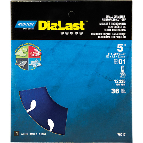 Dialast RightCut Cut-Off Wheel, 5" x 0.05", 7/8" Arbor, Type 01/41, Diamond, 12225 RPM Duraquip Inc
