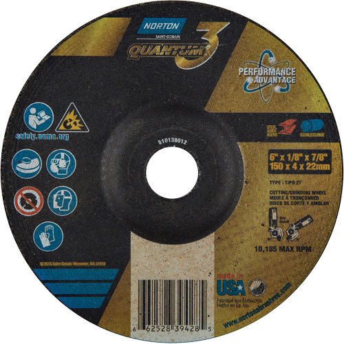 Disque de rectification et de tronçonnage Quantum3, 6" x 1/8", Arbre de 7/8", Type 27, Grain de 24, C&eacute;ramique d'alumine Duraquip Inc