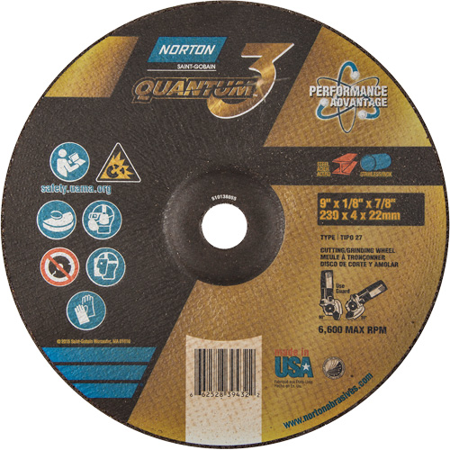 Disque de rectification et de tronçonnage Quantum3, 9" x 1/8", Arbre de 7/8", Type 27, Grain de 24, C&eacute;ramique d'alumine Duraquip Inc