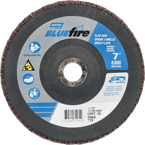 BlueFire&reg; R884P/R884V/R860 Center Mount Fiberglass Conical Flap Disc, 7" x 7/8", Type 29, P36 Grit, Zirconia Alumina Duraquip Inc