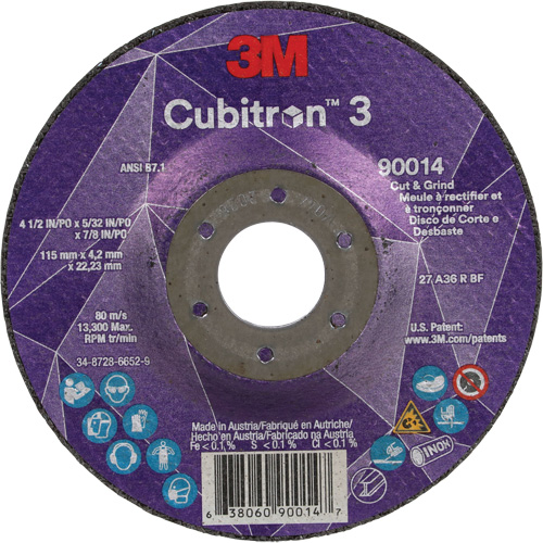 Meule &agrave; couper & tronçonner Cubitron 3, 4-1/2" x 5/32", Arbre de 7/8", Type T27, Grain de 36+, C&eacute;ramique Duraquip Inc