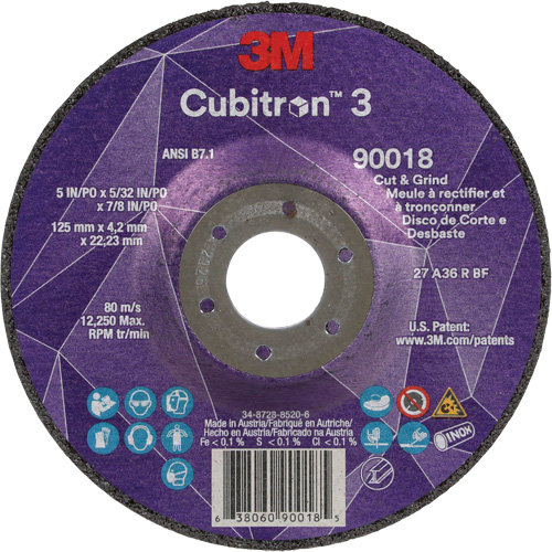 Meule &agrave; couper & tronçonner Cubitron 3, 5" x 5/32", Arbre de 7/8", Type T27, Grain de 36+, C&eacute;ramique Duraquip Inc