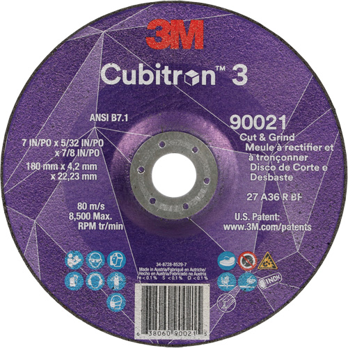 Cubitron 3 Cut & Grind Wheel, 7" x 5/32", 7/8" Arbor, Type T27, 36+ Grit, Ceramic Duraquip Inc