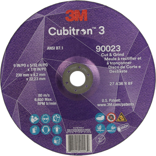 Meule &agrave; couper & tronçonner Cubitron 3, 9" x 5/32", Arbre de 7/8", Type T27, Grain de 36+, C&eacute;ramique Duraquip Inc