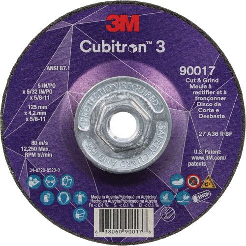 Meule &agrave; couper & tronçonner Cubitron 3, 5" x 5/32", Arbre de 5/8"-11, Type T27, Grain de 36+, C&eacute;ramique Duraquip Inc