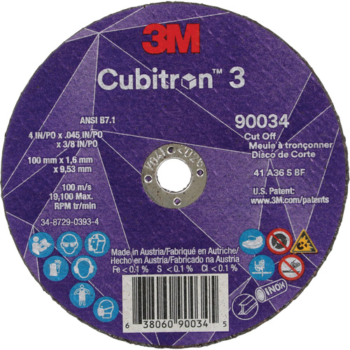 Meule &agrave; tronçonner Cubitron 3, 4" x 0,045", Arbre de 3/8", Type T1, C&eacute;ramique, 21000 Tr/min Duraquip Inc