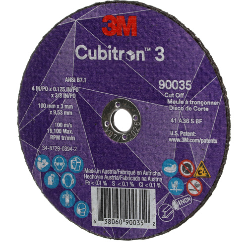 Cubitron 3 Cut-Off Wheel, 4" x 1/8", 3/8" Arbor, Type T1, Ceramic, 21000 RPM Duraquip Inc