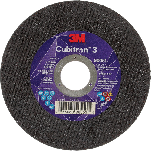 Meule &agrave; tronçonner Cubitron 3, 4-1/2" x 0,04", Arbre de 7/8", Type T1, C&eacute;ramique, 13 300 Tr/min Duraquip Inc