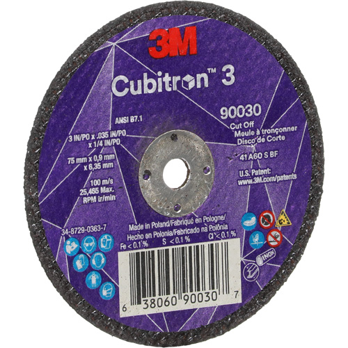 Meule &agrave; tronçonner Cubitron 3, 3" x 0,035", Arbre de 1/4", Type T1, C&eacute;ramique, 21000 Tr/min Duraquip Inc