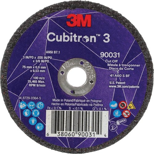 Cubitron 3 Cut-Off Wheel, 3" x 0.035", 3/8" Arbor, Type T1, Ceramic, 21000 RPM Duraquip Inc
