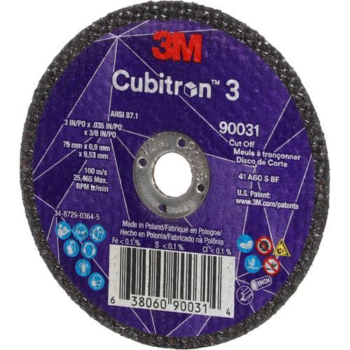 Cubitron 3 Cut-Off Wheel, 3" x 0.035", 3/8" Arbor, Type T1, Ceramic, 21000 RPM Duraquip Inc