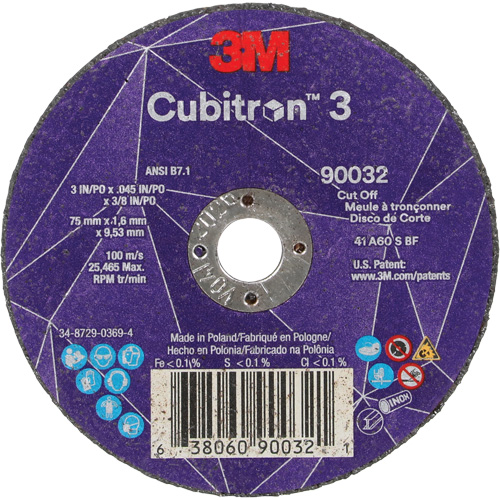 Meule &agrave; tronçonner Cubitron 3, 3" x 0,045", Arbre de 3/8", Type T1, C&eacute;ramique, 21000 Tr/min Duraquip Inc