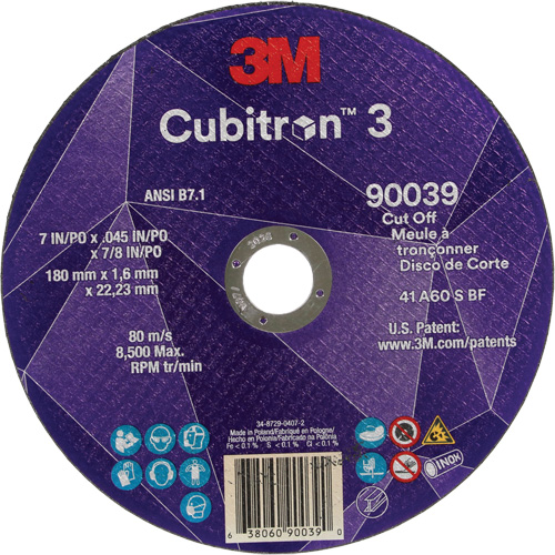 Cubitron 3 Cut-Off Wheel, 7" x 0.09", 7/8" Arbor, Type T27, Ceramic, 8500 RPM Duraquip Inc