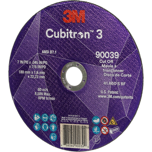 Cubitron 3 Cut-Off Wheel, 7" x 0.09", 7/8" Arbor, Type T27, Ceramic, 8500 RPM Duraquip Inc