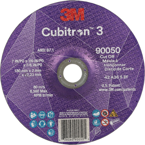 Cubitron 3 Cut-Off Wheel, 7" x 0.09", 7/8" Arbor, Type T27, Ceramic, 8500 RPM Duraquip Inc