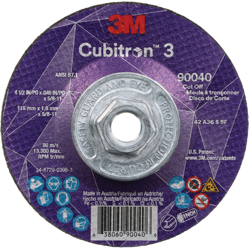 Meule &agrave; tronçonner Cubitron 3, 4-1/2" x 0,045", Arbre de 5/8"-11, Type T27, C&eacute;ramique, 13 300 Tr/min Duraquip Inc