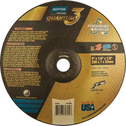 Quantum 3 SG Depressed Center Grinding Wheel, 9" x 1/4", 7/8" Arbor, Type 28, Ceramic, 6600 RPM Duraquip Inc