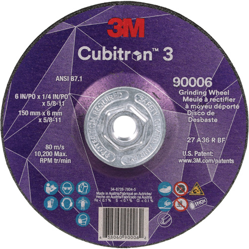 Cubitron 3 Depressed Centre Grinding Wheel, 6" x 0.25", 5/8"-11 Arbor, Ceramic, Type T27 Duraquip Inc