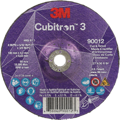 Cubitron 3 Cut and Grind Wheel, 4" x 5/32", 3/8" Arbor, Type 27, 36 Grit, Ceramic Duraquip Inc