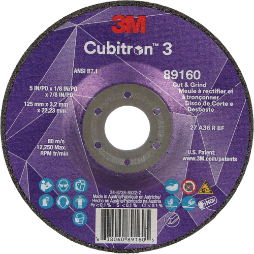 Meule &agrave; rectifier et &agrave; tronçonner Cubitron 3, 5" x 1/8", Arbre de 7/8", Type 27, Grain de 36, C&eacute;ramique Duraquip Inc