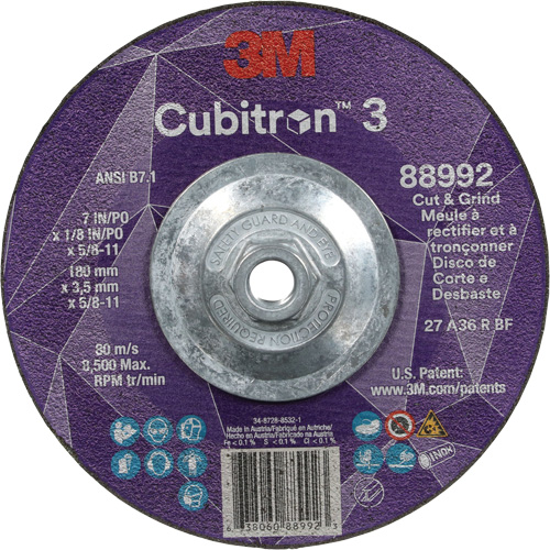 Meule &agrave; rectifier et &agrave; tronçonner Cubitron 3, 7" x 1/8", Arbre de 5/8"-11, Type 27, Grain de 36, C&eacute;ramique Duraquip Inc