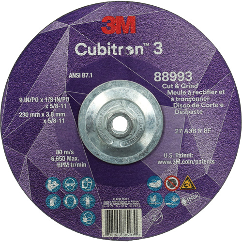 Meule &agrave; rectifier et &agrave; tronçonner Cubitron 3, 9" x 1/8", Arbre de 5/8"-11, Type 27, Grain de 36, C&eacute;ramique Duraquip Inc