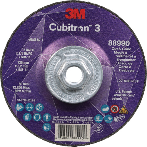 Meule &agrave; rectifier et &agrave; tronçonner Cubitron 3, 5" x 1/8", Arbre de 5/8"-11, Type 27, Grain de 36, C&eacute;ramique Duraquip Inc